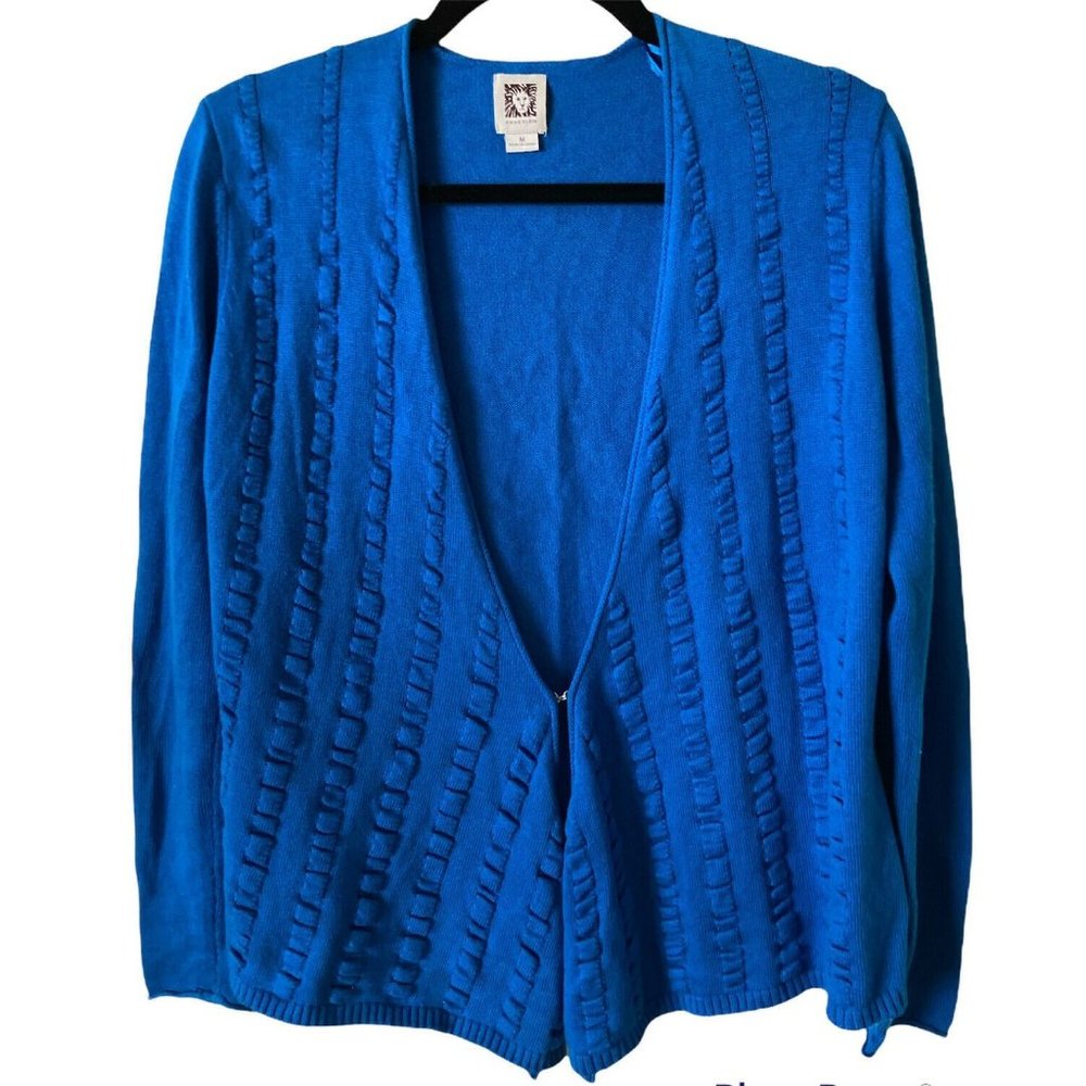 Anne Klein Blue Open Front Sweater Deep V-Neck 1 Front Clasp Medium Women’s